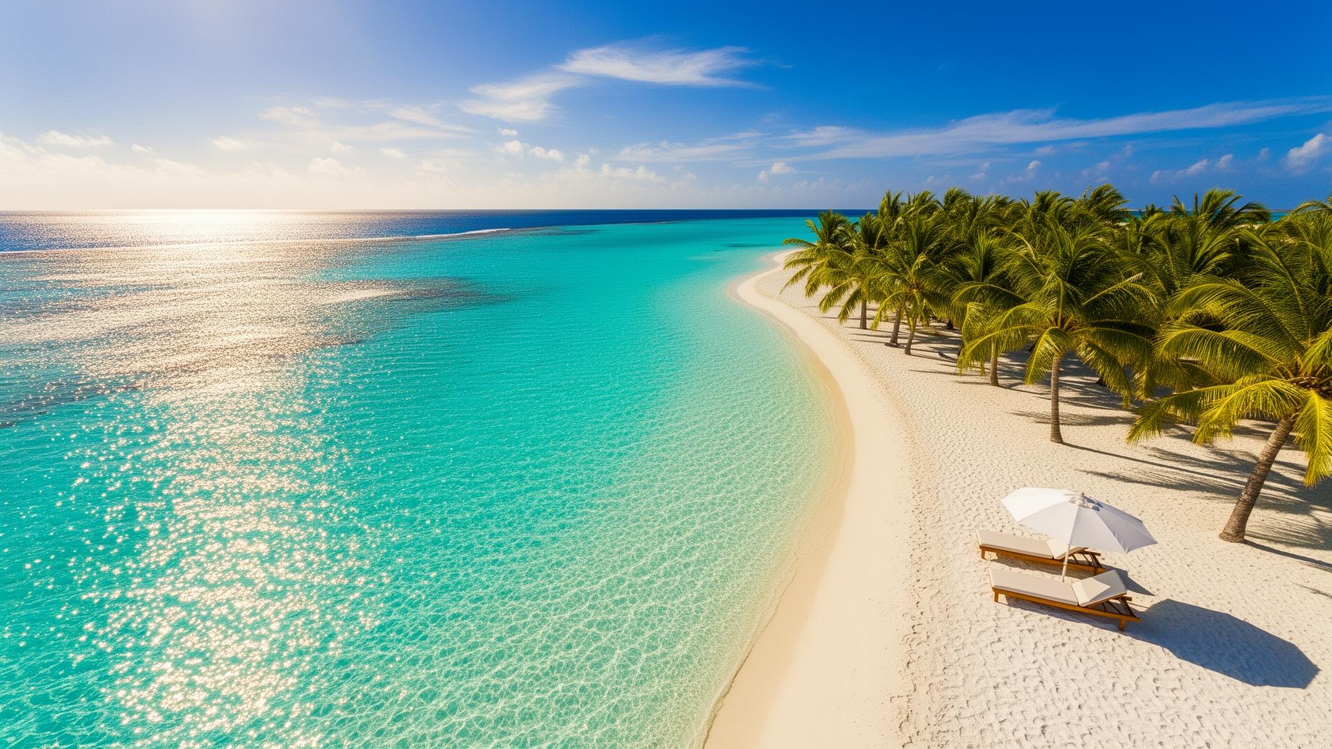 Endless summer on a turquoise tropical lagoon with palm trees and sun loungers